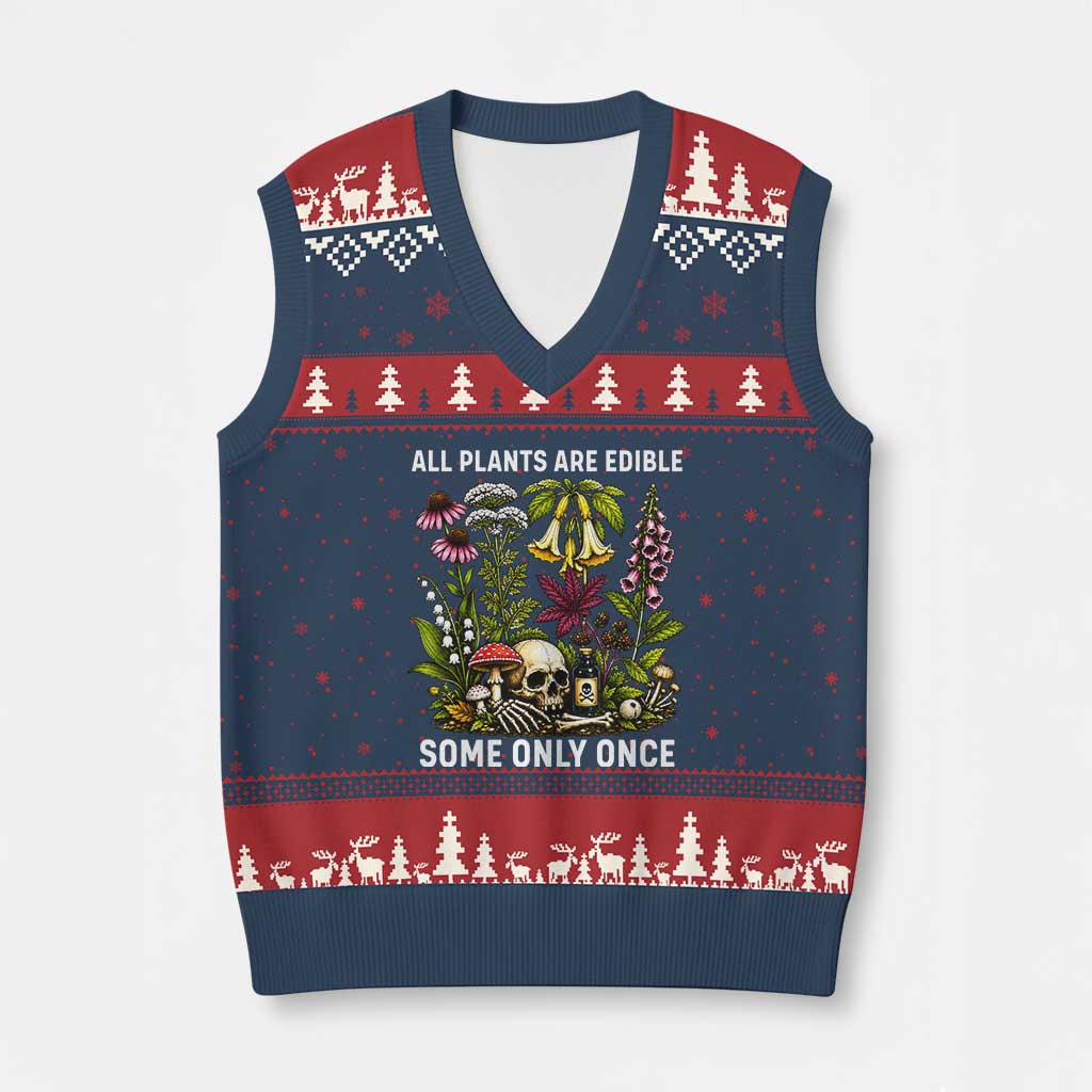 Funny Botanical Foraging Skull Dark Humor V-Neck Knit Sweater Vest All Plants Are Edible Some Only Once Botany Cottagecore TS02 Navy Red Print Your Wear