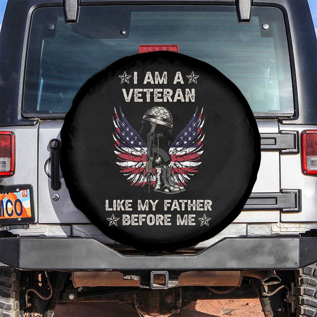 Veteran Spare Tire Cover I Am Like My Father Before Me American Angel Wings Comnbat Boots And Dog Tags TS02 No hole Black Print Your Wear