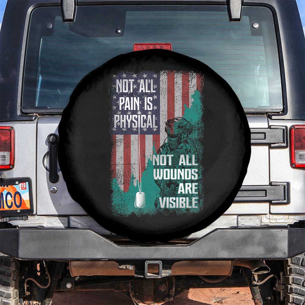 Veteran PTSD Spare Tire Cover Not All Pain Is Physical Not All Wounds Are Visible Teal American Flag TS02 No hole Black Print Your Wear