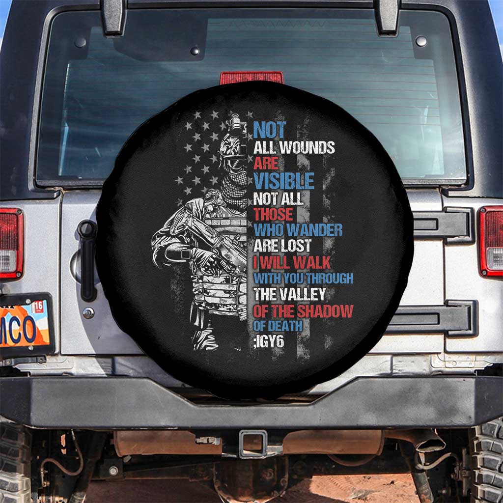 Veteran PTSD Spare Tire Cover Not All Wounds Are Visible Not All Those Who Wander Are Lost American Flag Soldier TS02 No hole Black Print Your Wear