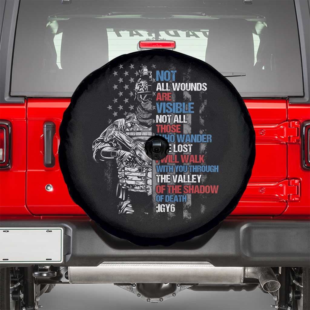 Veteran PTSD Spare Tire Cover Not All Wounds Are Visible Not All Those Who Wander Are Lost American Flag Soldier TS02 Black Print Your Wear