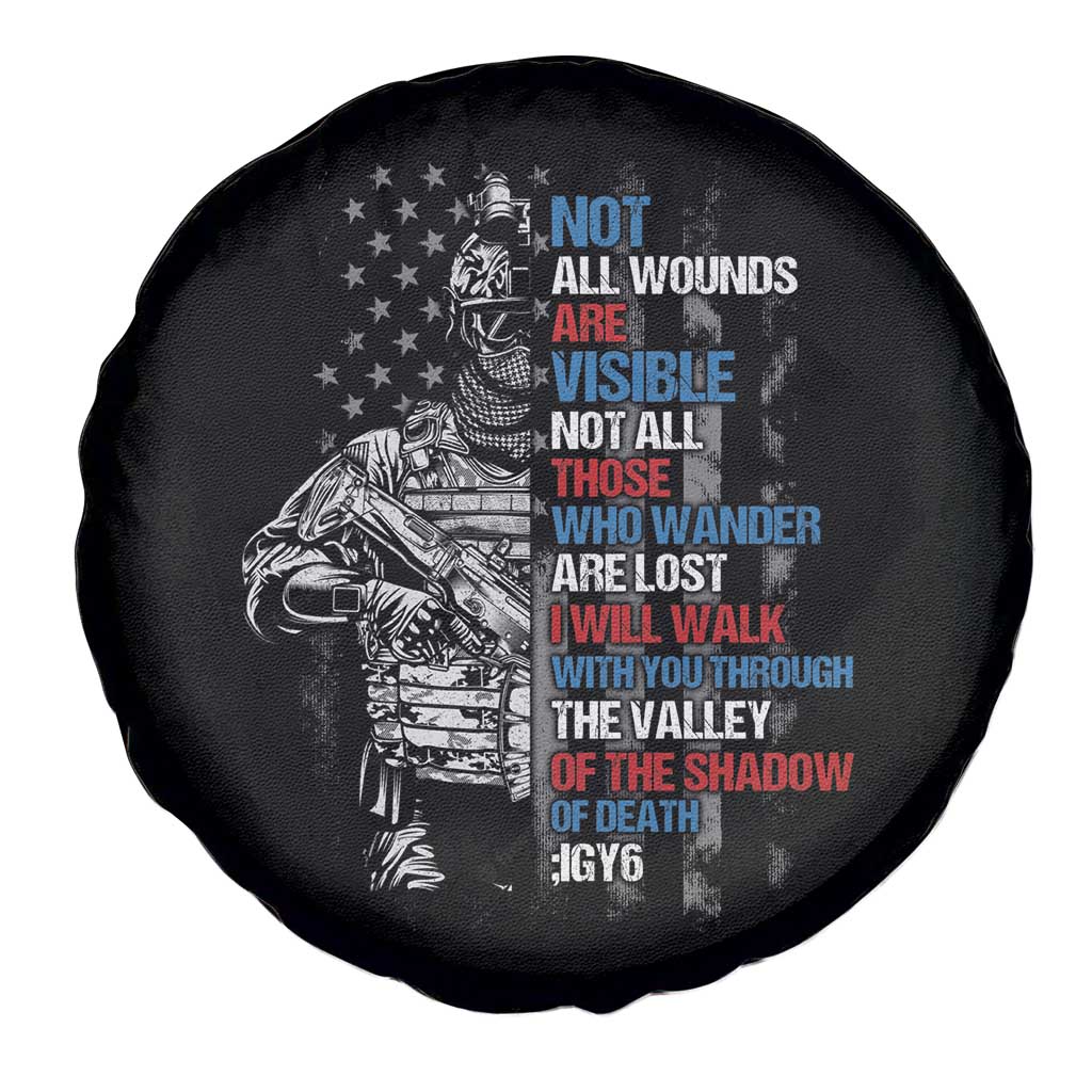 Veteran PTSD Spare Tire Cover Not All Wounds Are Visible Not All Those Who Wander Are Lost American Flag Soldier TS02 Print Your Wear
