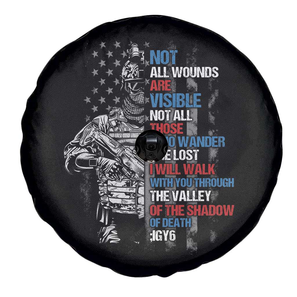 Veteran PTSD Spare Tire Cover Not All Wounds Are Visible Not All Those Who Wander Are Lost American Flag Soldier TS02 Print Your Wear