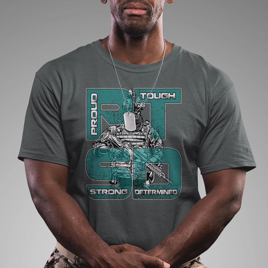 Veteran PTSD T Shirt Proud Tough Strong Determined Teal Ribbon TS02 Printyourwear