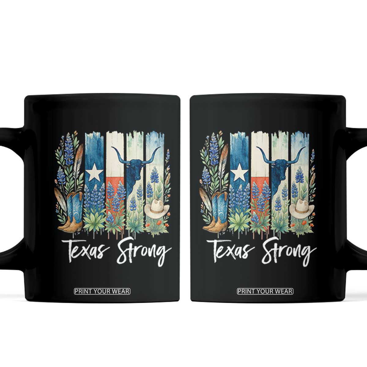 Retro Strong Texas Coffee Mug Bluebonnets Longhorn Cowboy Western Pride TS02 Black Print Your Wear