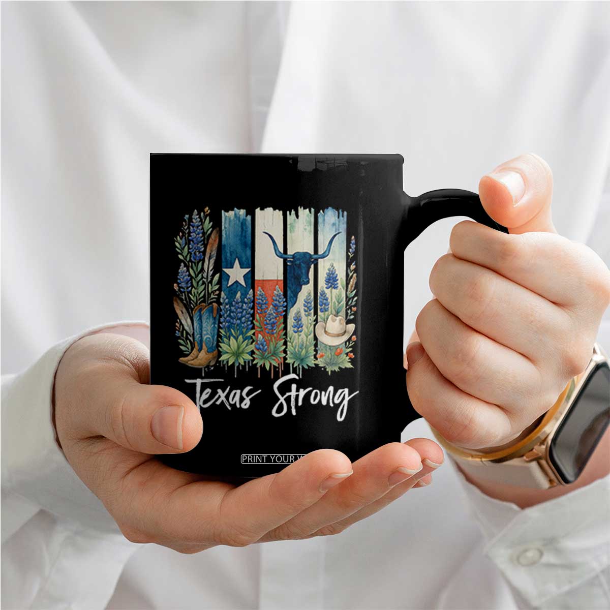 Retro Strong Texas Coffee Mug Bluebonnets Longhorn Cowboy Western Pride TS02 Print Your Wear