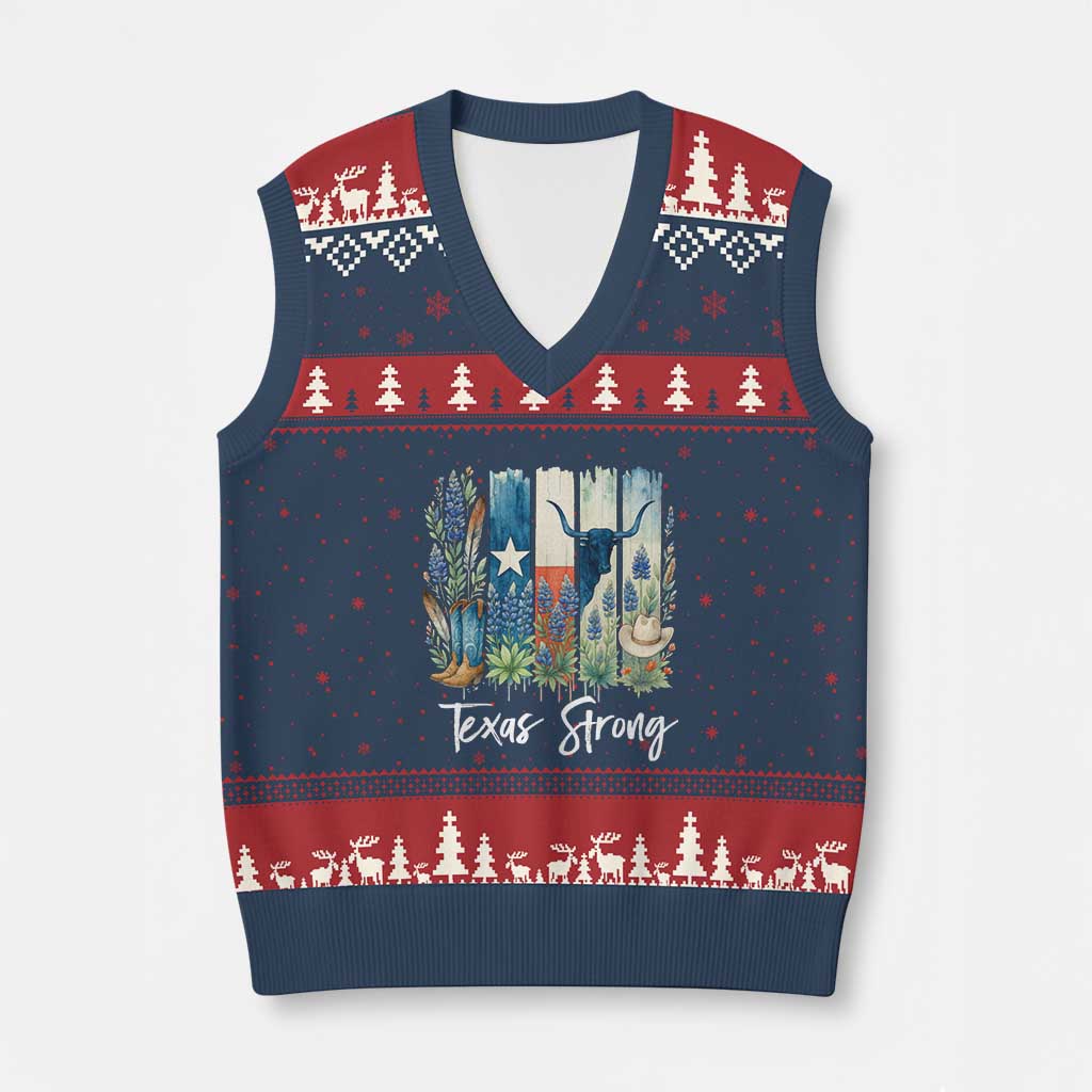 Retro Strong Texas V-Neck Knit Sweater Vest Bluebonnets Longhorn Cowboy Western Pride TS02 Navy Red Print Your Wear