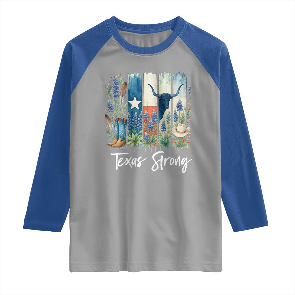 Retro Strong Texas Raglan Shirt Bluebonnets Longhorn Cowboy Western Pride TS02 Sport Gray Royal Print Your Wear