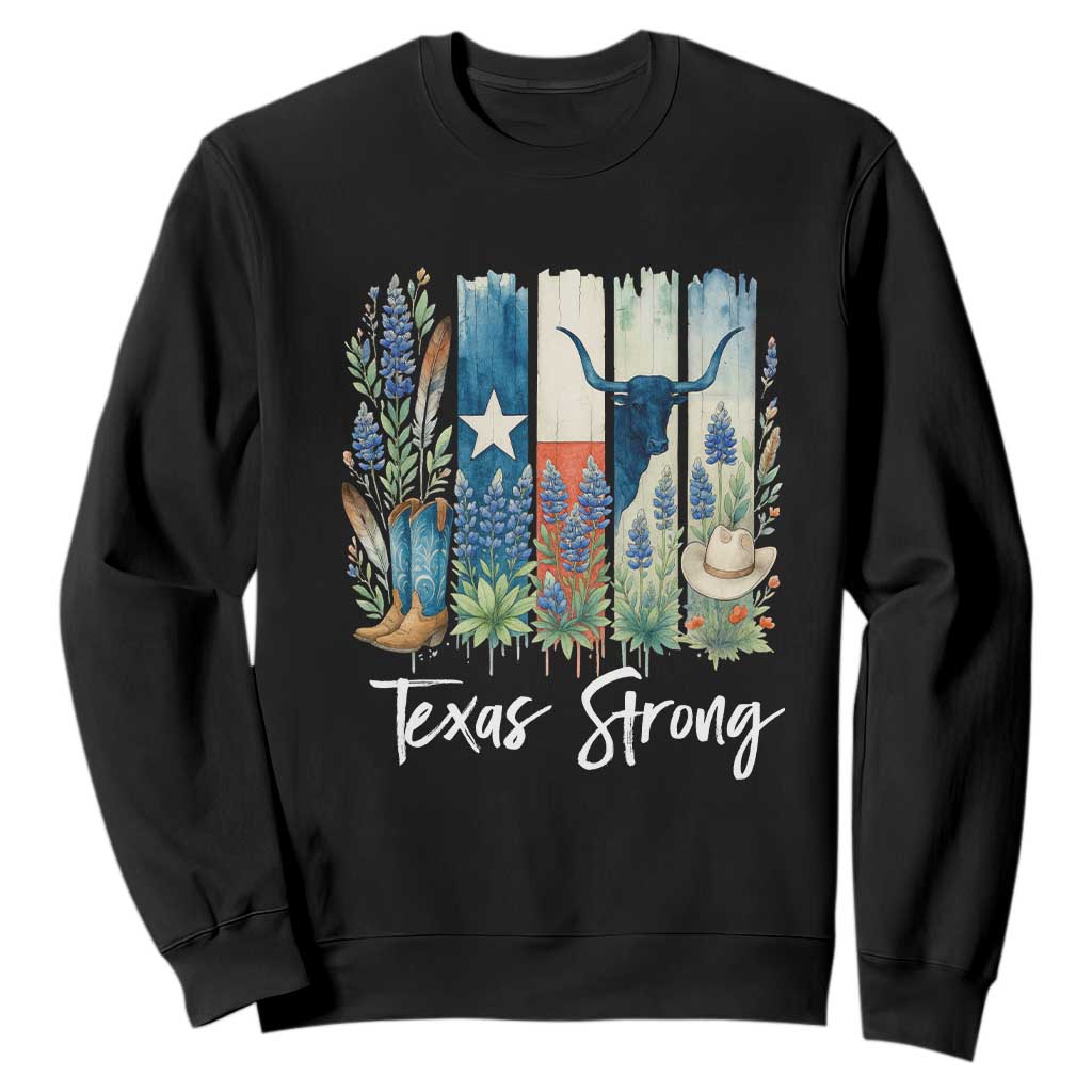 Retro Strong Texas Sweatshirt Bluebonnets Longhorn Cowboy Western Pride TS02 Black Print Your Wear