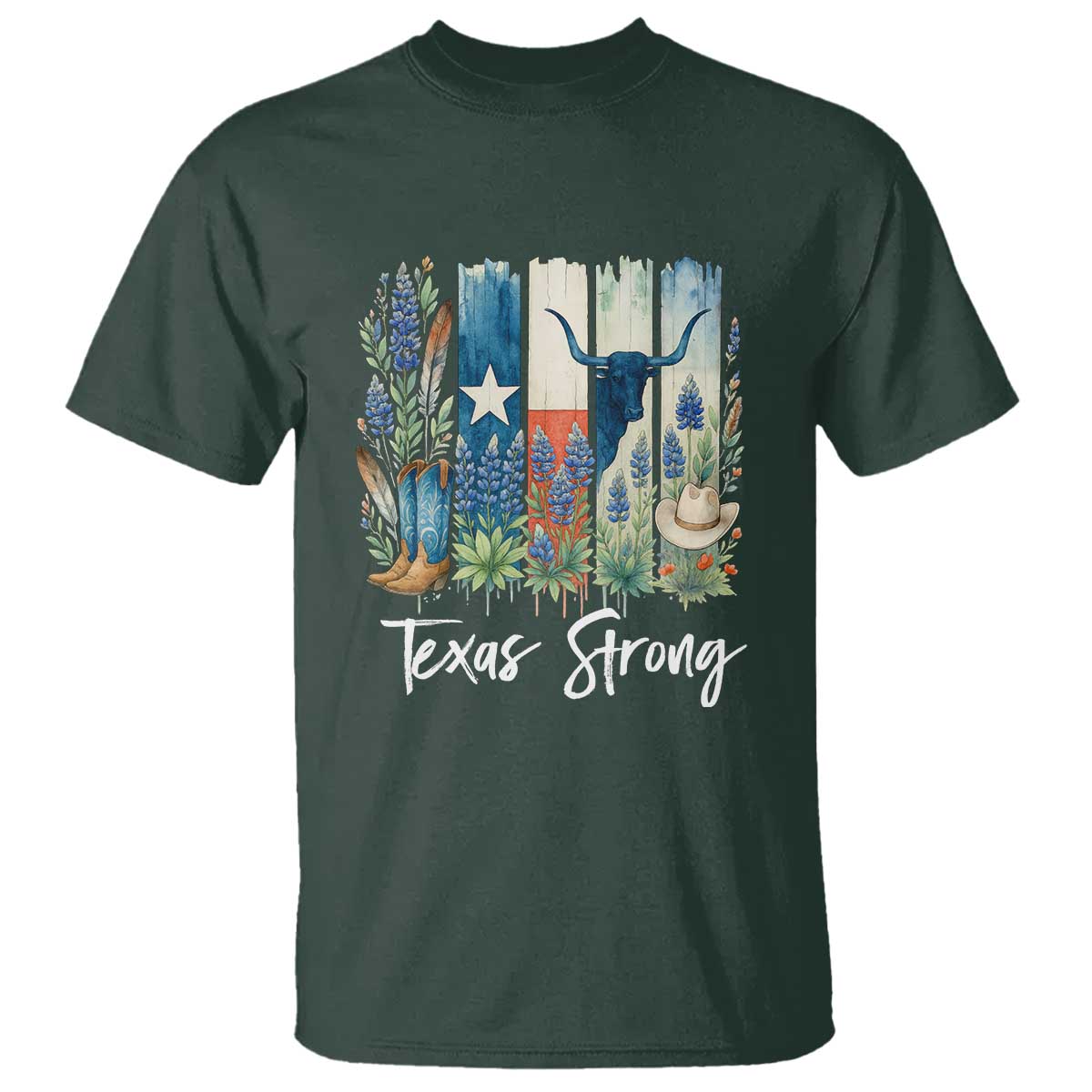 Retro Strong Texas T Shirt Bluebonnets Longhorn Cowboy Western Pride TS02 Dark Forest Green Print Your Wear