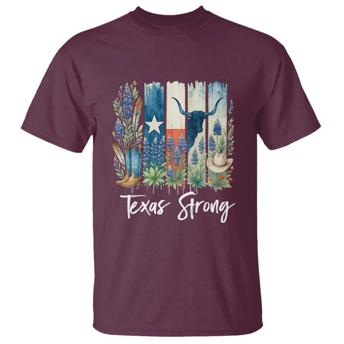 Retro Strong Texas T Shirt Bluebonnets Longhorn Cowboy Western Pride TS02 Maroon Print Your Wear