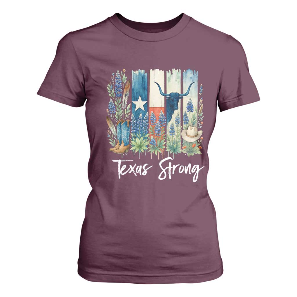 Retro Strong Texas T Shirt For Women Bluebonnets Longhorn Cowboy Western Pride TS02 Maroon Print Your Wear