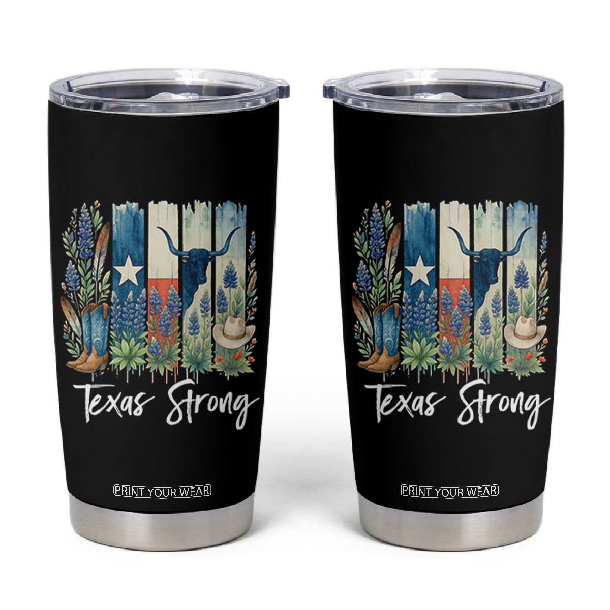 Retro Strong Texas Tumbler Cup Bluebonnets Longhorn Cowboy Western Pride TS02 Black Print Your Wear