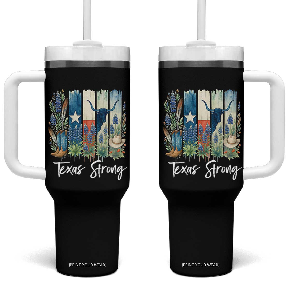 Retro Strong Texas Tumbler With Handle Bluebonnets Longhorn Cowboy Western Pride TS02 One Size: 40 oz Black Print Your Wear