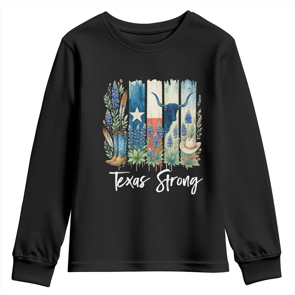 Retro Strong Texas Youth Sweatshirt Bluebonnets Longhorn Cowboy Western Pride TS02 Black Print Your Wear