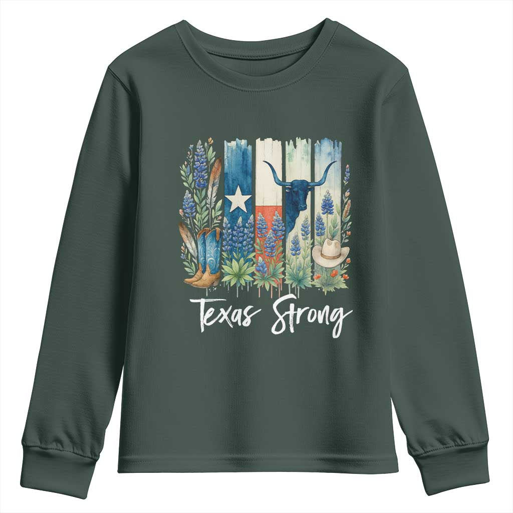 Retro Strong Texas Youth Sweatshirt Bluebonnets Longhorn Cowboy Western Pride TS02 Dark Forest Green Print Your Wear