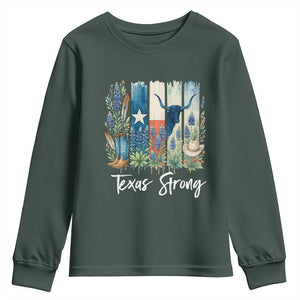 Retro Strong Texas Youth Sweatshirt Bluebonnets Longhorn Cowboy Western Pride TS02 Dark Forest Green Print Your Wear