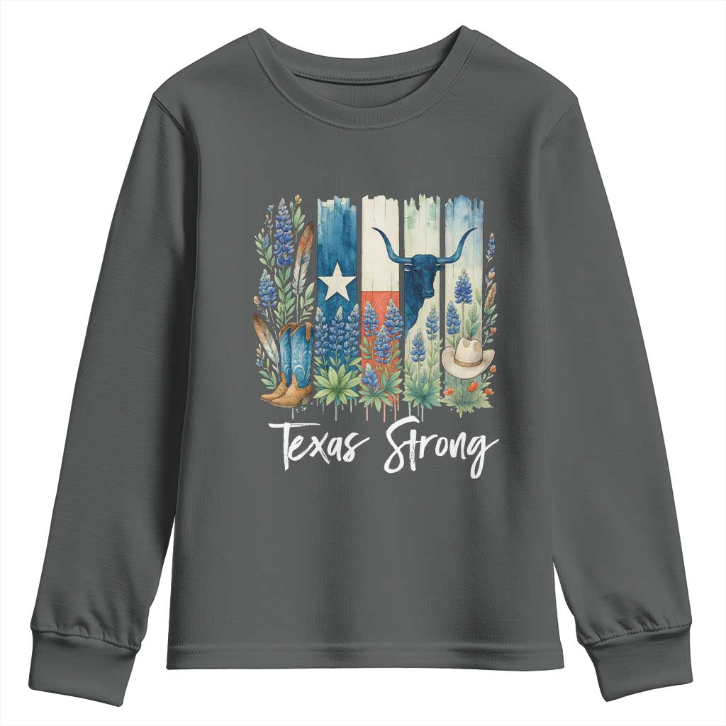 Retro Strong Texas Youth Sweatshirt Bluebonnets Longhorn Cowboy Western Pride TS02 Dark Heather Print Your Wear