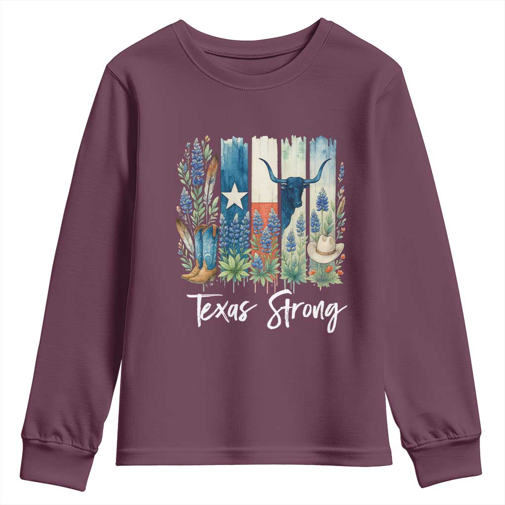 Retro Strong Texas Youth Sweatshirt Bluebonnets Longhorn Cowboy Western Pride TS02 Maroon Print Your Wear