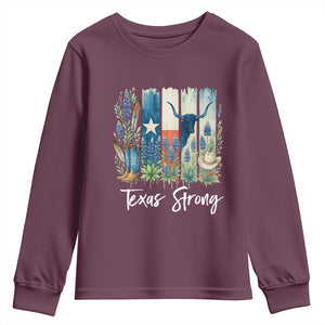Retro Strong Texas Youth Sweatshirt Bluebonnets Longhorn Cowboy Western Pride TS02 Maroon Print Your Wear