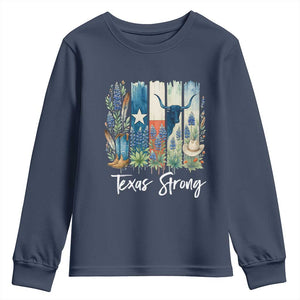 Retro Strong Texas Youth Sweatshirt Bluebonnets Longhorn Cowboy Western Pride TS02 Navy Print Your Wear