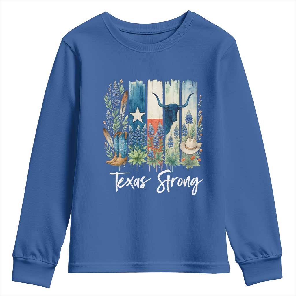 Retro Strong Texas Youth Sweatshirt Bluebonnets Longhorn Cowboy Western Pride TS02 Royal Blue Print Your Wear