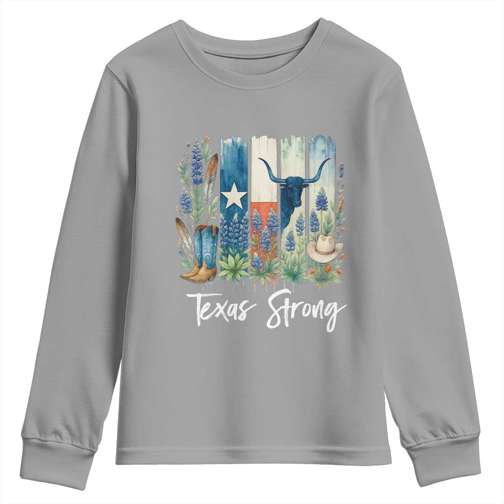Retro Strong Texas Youth Sweatshirt Bluebonnets Longhorn Cowboy Western Pride TS02 Sport Gray Print Your Wear