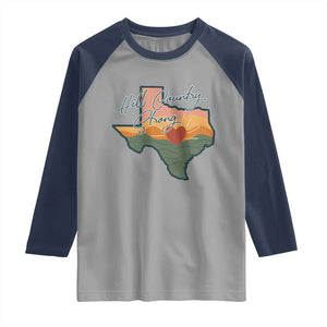 Hill Country Strong Raglan Shirt Texas Pride for Resilient Texans Retro TS02 Sport Gray Navy Print Your Wear