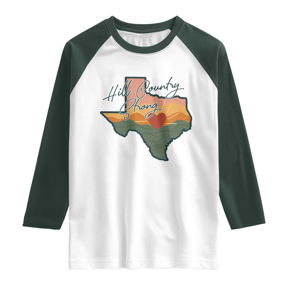 Hill Country Strong Raglan Shirt Texas Pride for Resilient Texans Retro TS02 White Dark Forest Green Print Your Wear