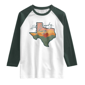 Hill Country Strong Raglan Shirt Texas Pride for Resilient Texans Retro TS02 White Dark Forest Green Print Your Wear