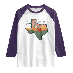 Hill Country Strong Raglan Shirt Texas Pride for Resilient Texans Retro TS02 White Purple Print Your Wear