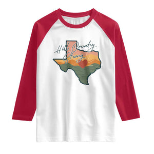 Hill Country Strong Raglan Shirt Texas Pride for Resilient Texans Retro TS02 White Red Print Your Wear