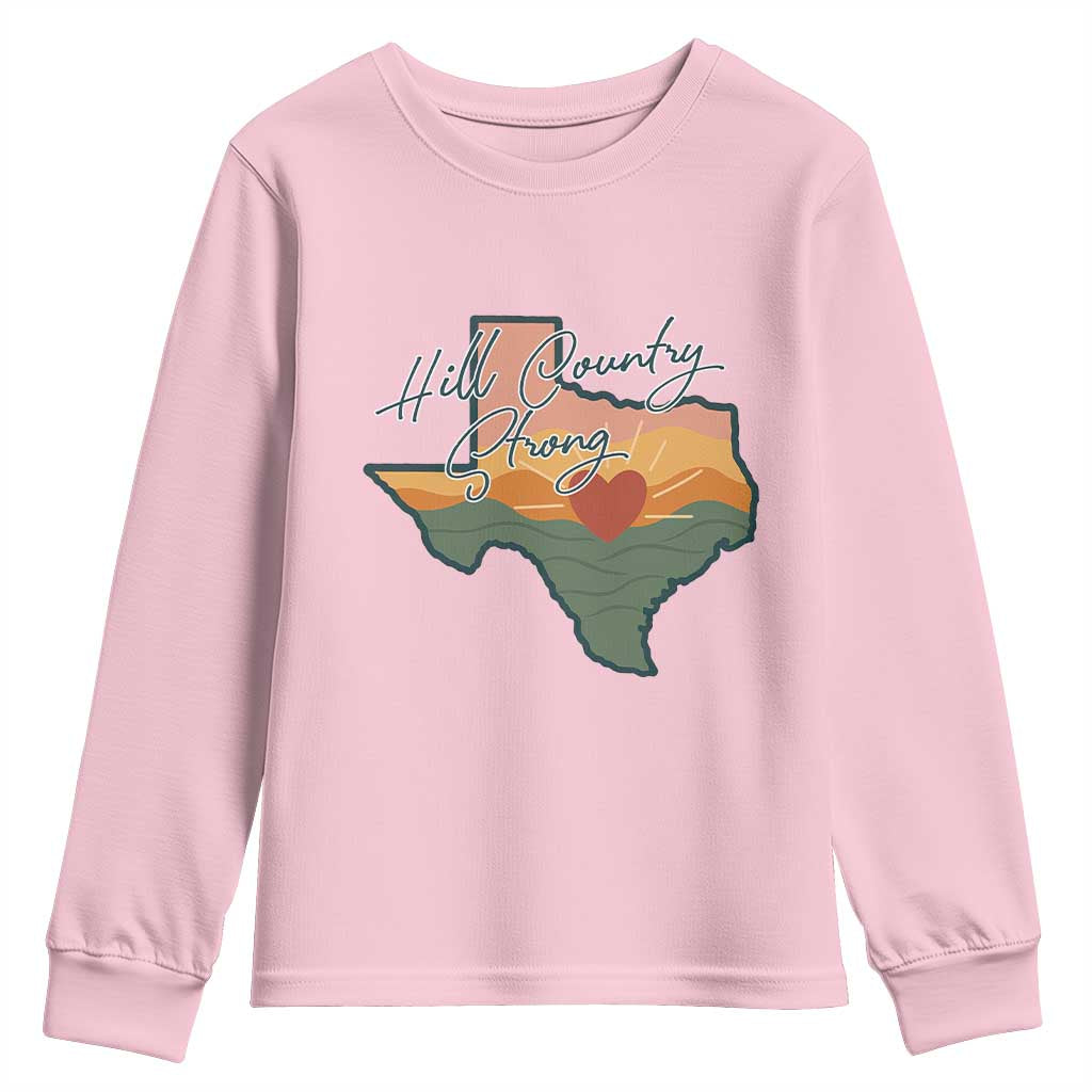 Hill Country Strong Youth Sweatshirt Texas Pride for Resilient Texans Retro TS02 Light Pink Print Your Wear