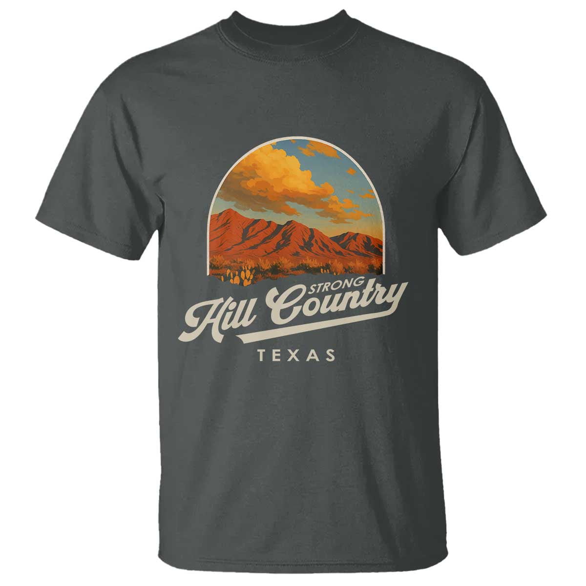 Hill Country Strong T Shirt Texas Support Retro Enchanted Rock TS02 Dark Heather Print Your Wear