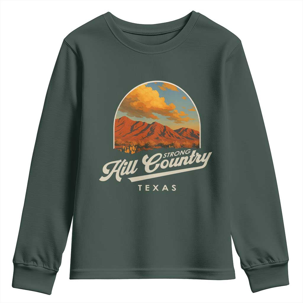 Hill Country Strong Youth Sweatshirt Texas Support Retro Enchanted Rock TS02 Dark Forest Green Print Your Wear