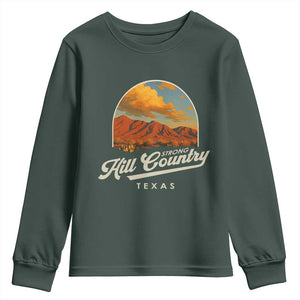 Hill Country Strong Youth Sweatshirt Texas Support Retro Enchanted Rock TS02 Dark Forest Green Print Your Wear