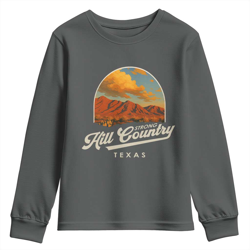 Hill Country Strong Youth Sweatshirt Texas Support Retro Enchanted Rock TS02 Dark Heather Print Your Wear