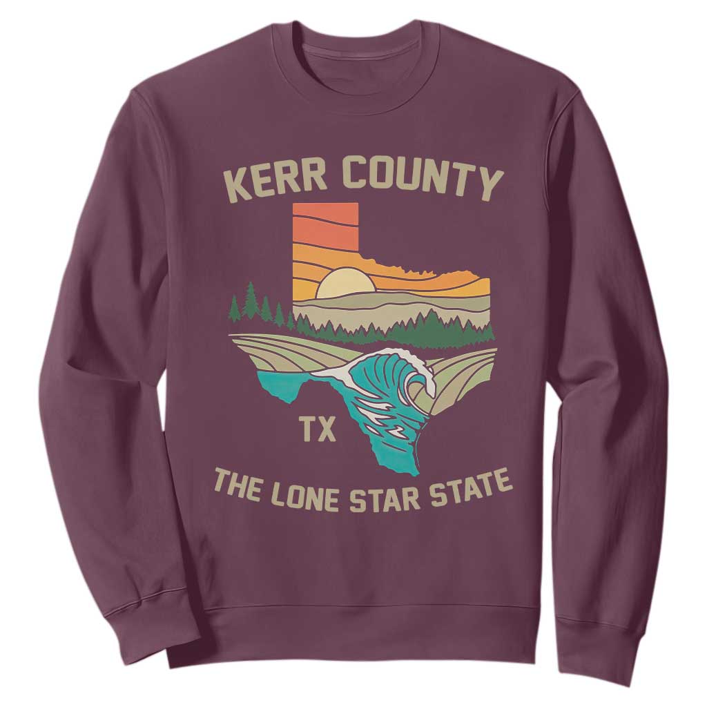 Kerr County Texas Sweatshirt Retro Hill Country Nature Scene Outdoors TS02 Maroon Print Your Wear