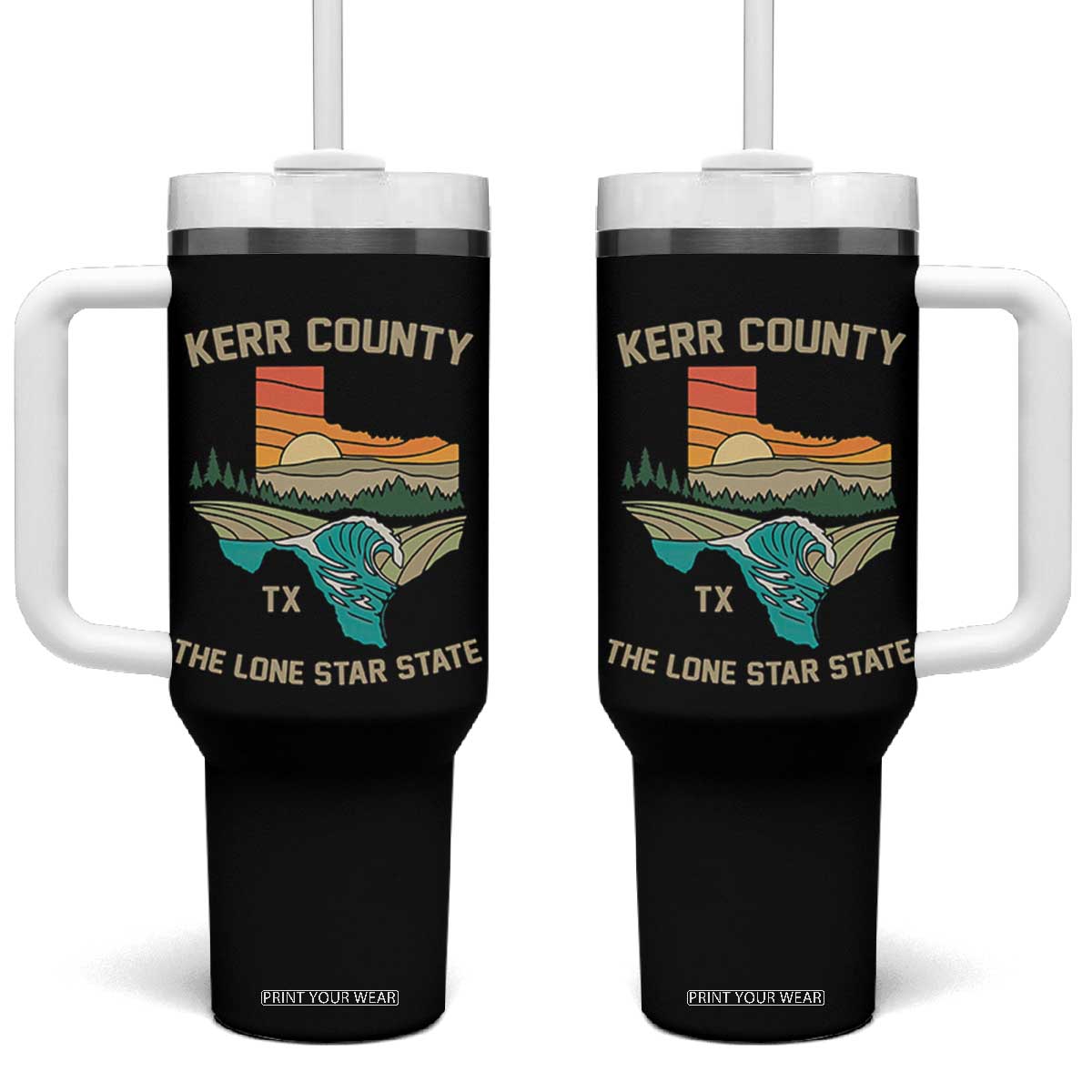 Kerr County Texas Tumbler With Handle Retro Hill Country Nature Scene Outdoors TS02 One Size: 40 oz Black Print Your Wear