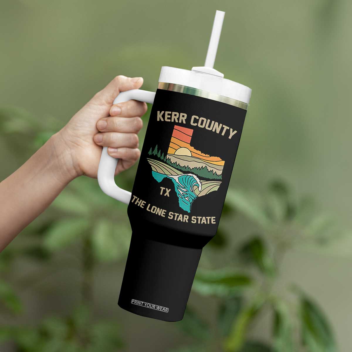 Kerr County Texas Tumbler With Handle Retro Hill Country Nature Scene Outdoors TS02 Print Your Wear