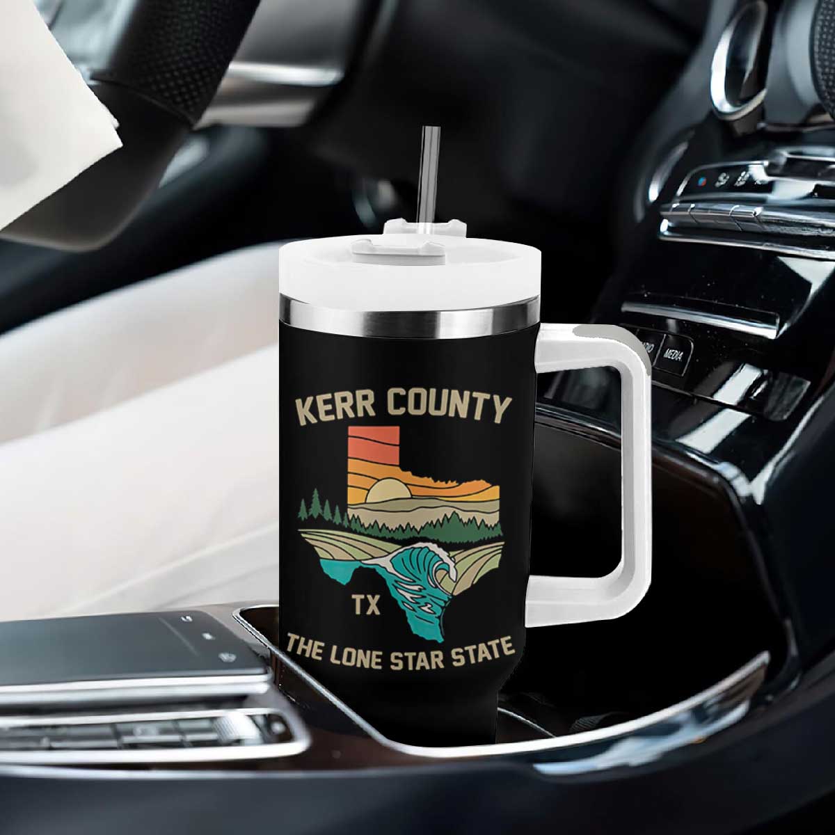 Kerr County Texas Tumbler With Handle Retro Hill Country Nature Scene Outdoors TS02 Print Your Wear
