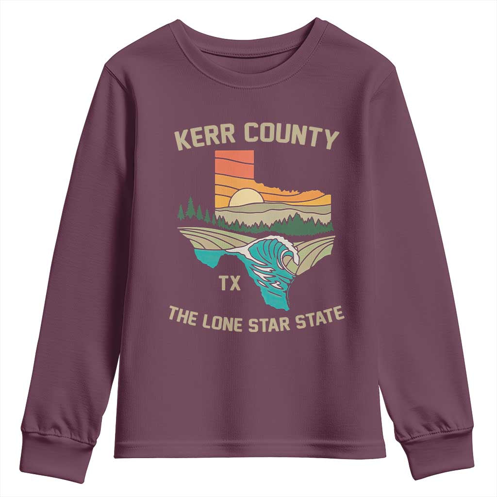 Kerr County Texas Youth Sweatshirt Retro Hill Country Nature Scene Outdoors TS02 Maroon Print Your Wear