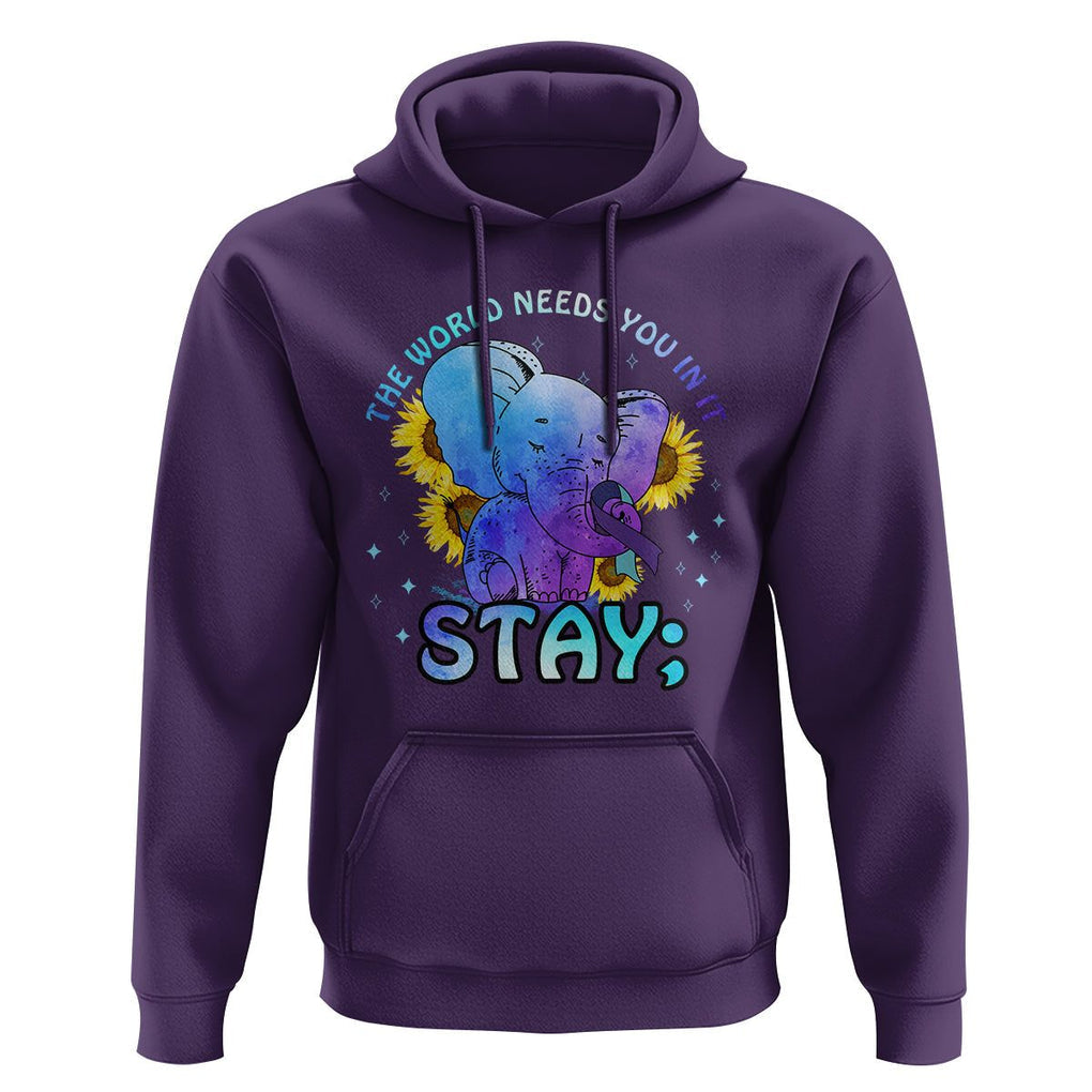 Suicide Prevention Awareness Hoodie Stay The World Needs You Elephant 988 Suicide Prevention TS02 Purple Print Your Wear