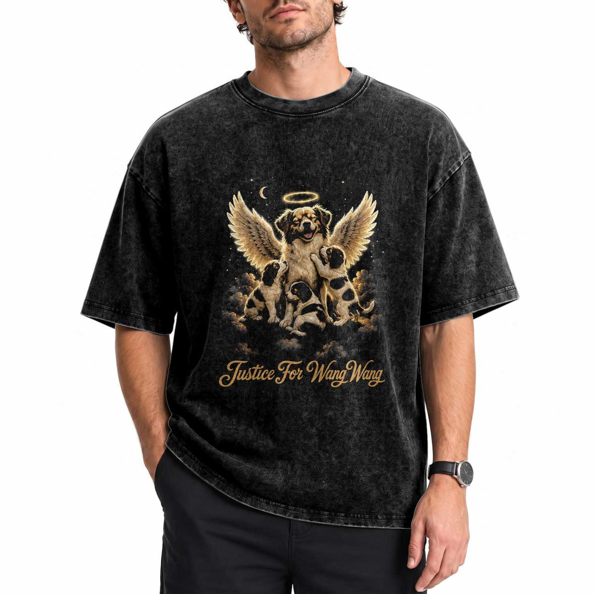 Justice For Wangwang Angel Dog Halo Puppies Washed Cotton T-Shirt Heavenly Pet Loss Memorial Graphic