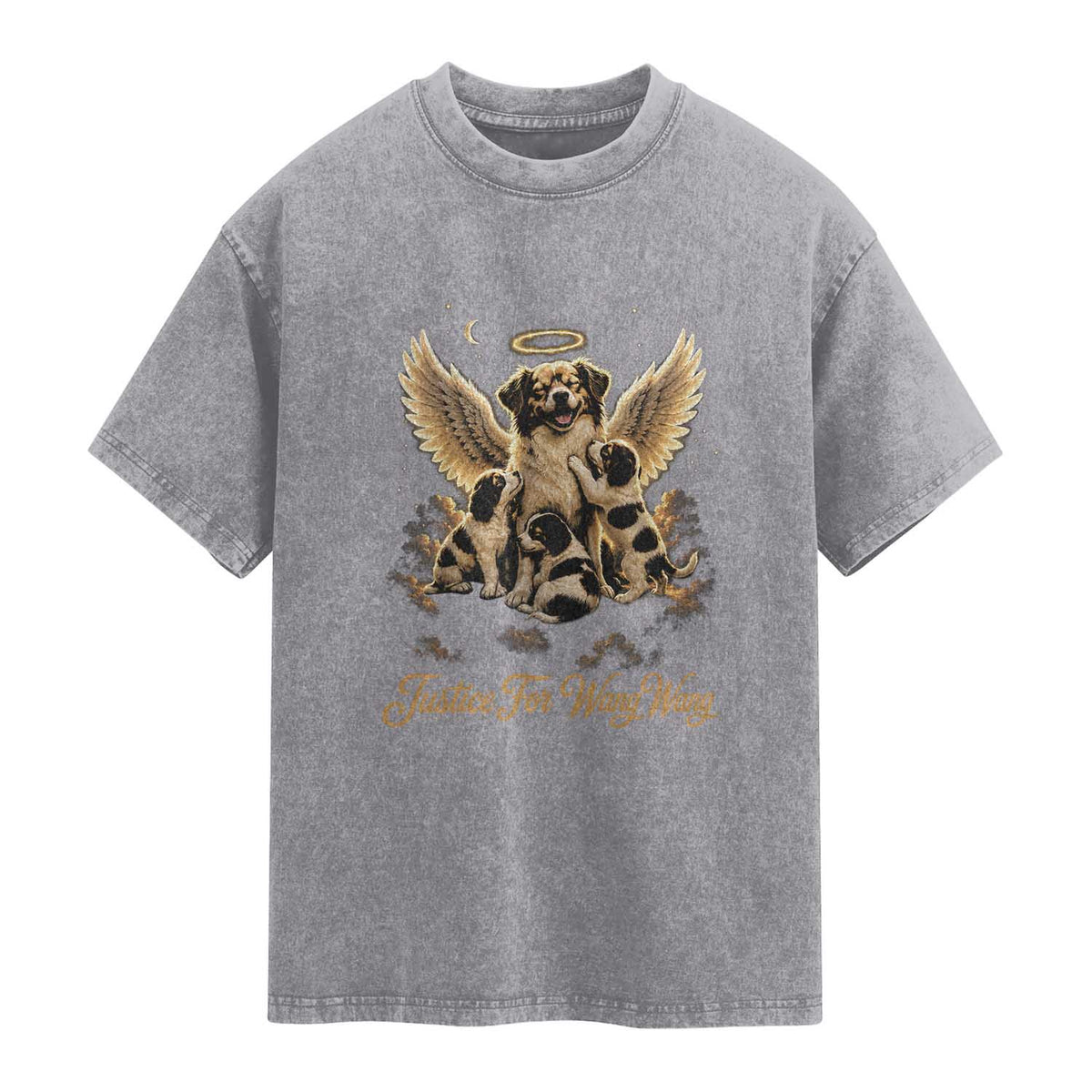 Justice For Wangwang Angel Dog Halo Puppies Washed Cotton T-Shirt Heavenly Pet Loss Memorial Graphic