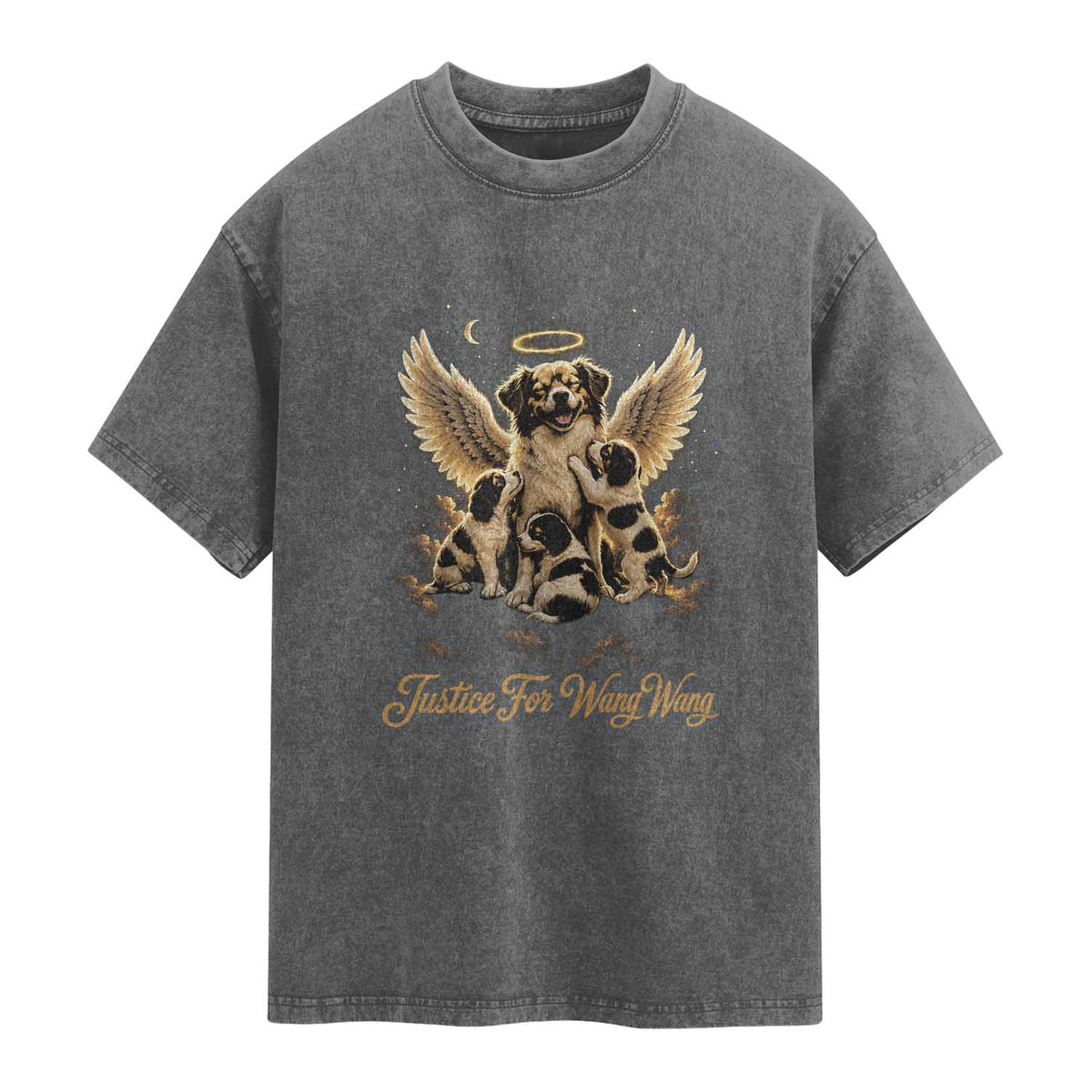Justice For Wangwang Angel Dog Halo Puppies Washed Cotton T-Shirt Heavenly Pet Loss Memorial Graphic