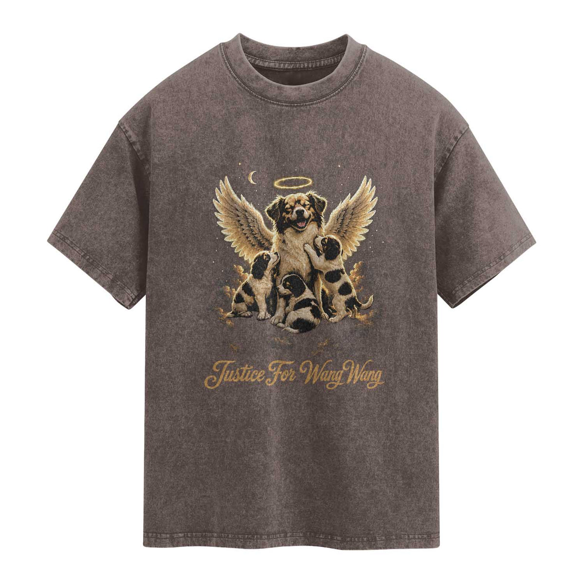 Justice For Wangwang Angel Dog Halo Puppies Washed Cotton T-Shirt Heavenly Pet Loss Memorial Graphic