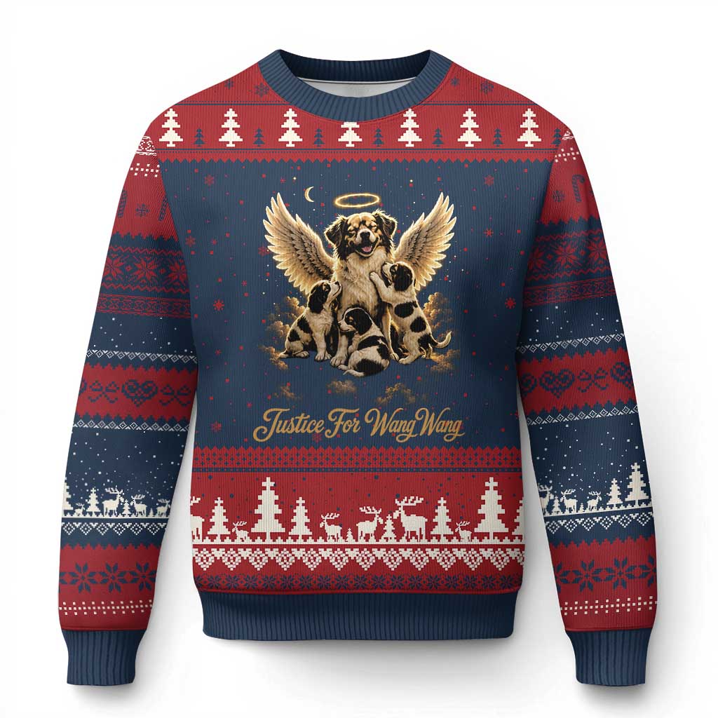 Justice For Wangwang Angel Dog Halo Puppies Ugly Christmas Sweater Heavenly Pet Loss Memorial Graphic TS02 Navy Red Print Your Wear