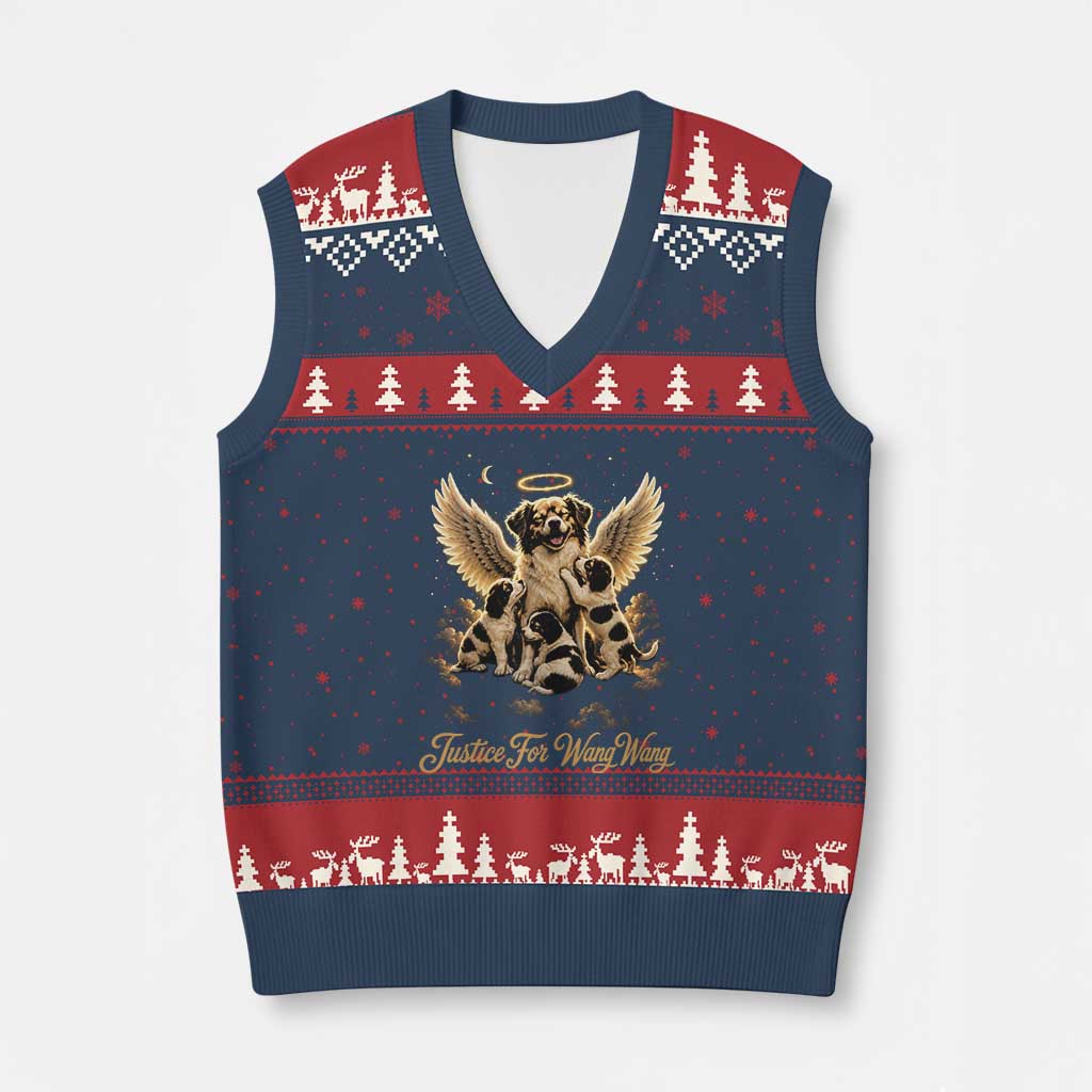 Justice For Wangwang Angel Dog Halo Puppies V-Neck Knit Sweater Vest Heavenly Pet Loss Memorial Graphic TS02 Navy Red Print Your Wear