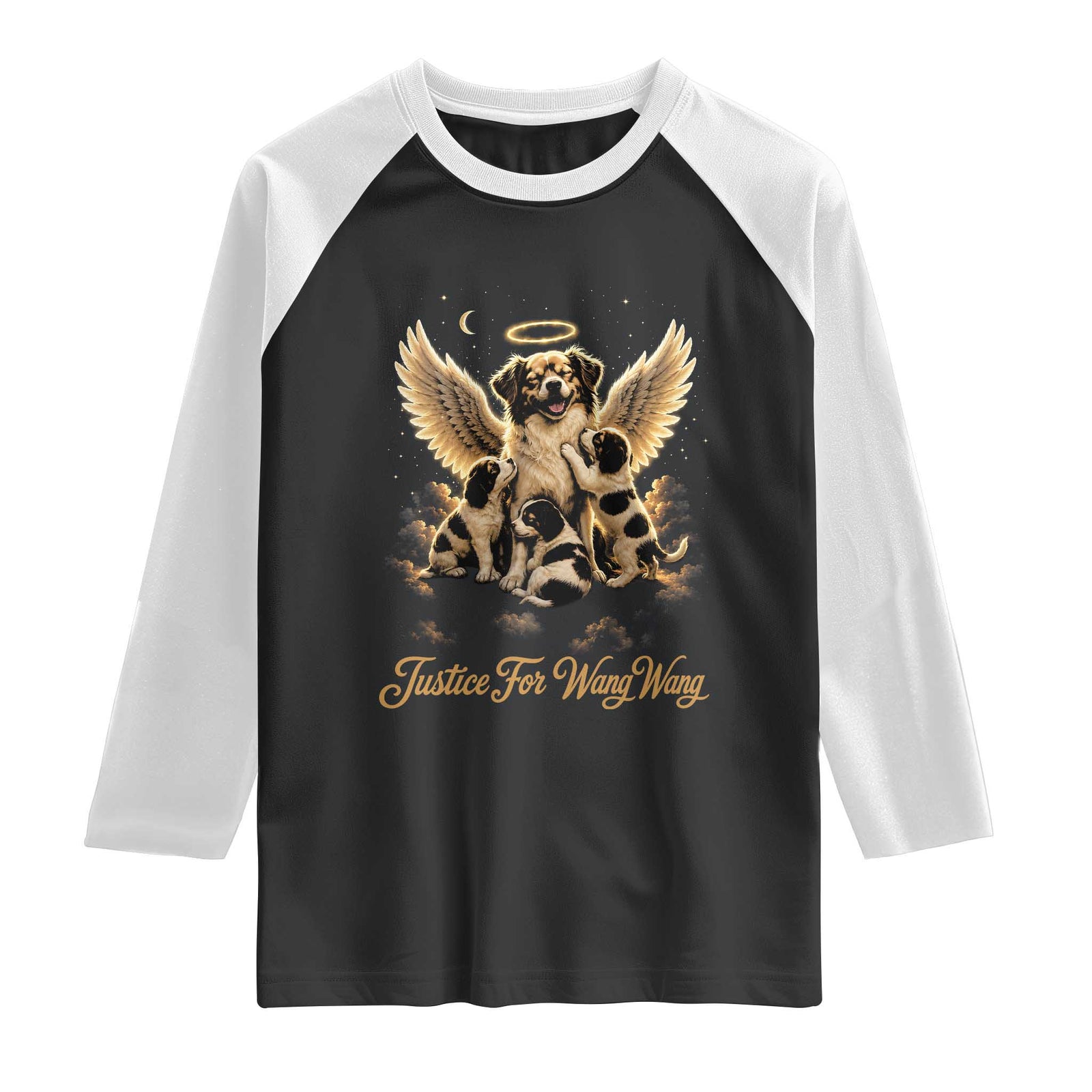 Justice For Wangwang Angel Dog Halo Puppies Raglan Shirt Heavenly Pet Loss Memorial Graphic TS02 Black White Print Your Wear